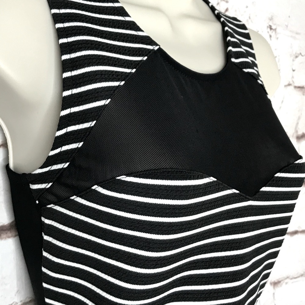 MATERIAL GIRL S Peplum Mesh Back Sleeveless Black & White Stripe Dress Small NWT - Picture 6 of 16